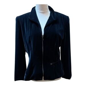 Velvet Blazer Jacket Navy Zip Front Fitted Career Minimalist‎ Elegant